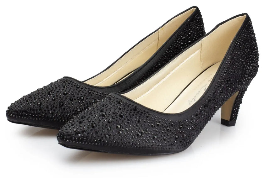 Zapatos de fiesta Zirconia Negro con tacón de 5.5 cm, strass brillantes y plantilla acolchada para máxima comodidad en eventos.