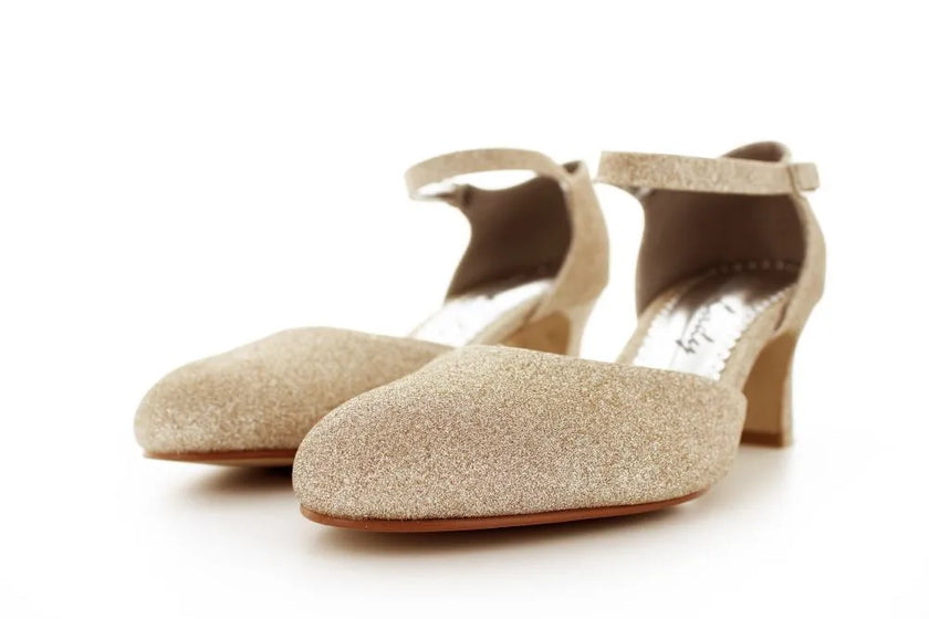 Zapatos de fiesta color champagne con tacón ancho de 5 cm y detalles brillantes para bodas y eventos