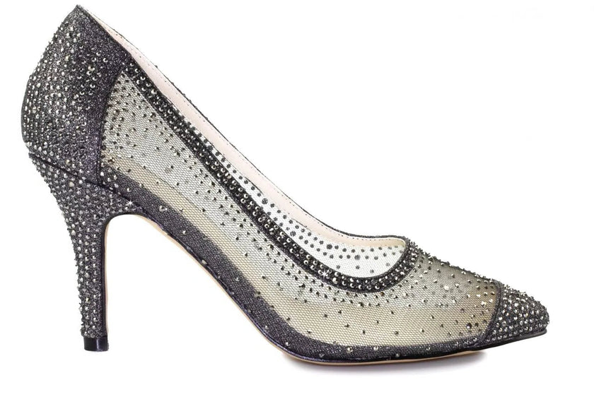 Zapatos de fiesta negros con malla transparente, tacón de 8 cm y detalles de strass para eventos especiales