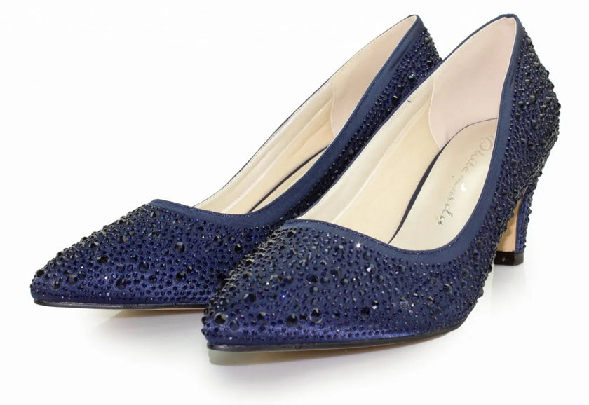 Zapatos de fiesta azul marino con tacón de 5.5 cm, detalles de strass y plantilla acolchada para máxima elegancia y confort.