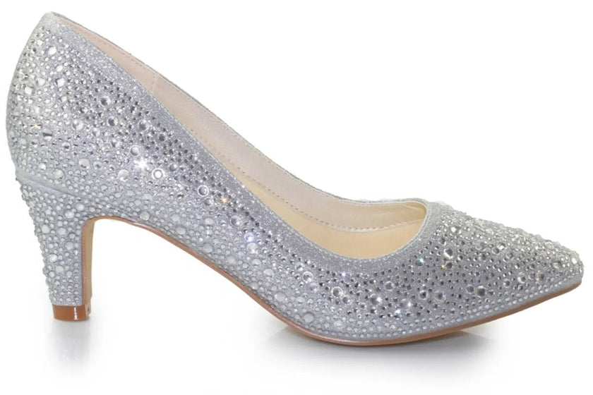 Zapatos de fiesta plateados con tacón de 5.5 cm, detalles de strass y plantilla acolchada para máxima elegancia y confort.