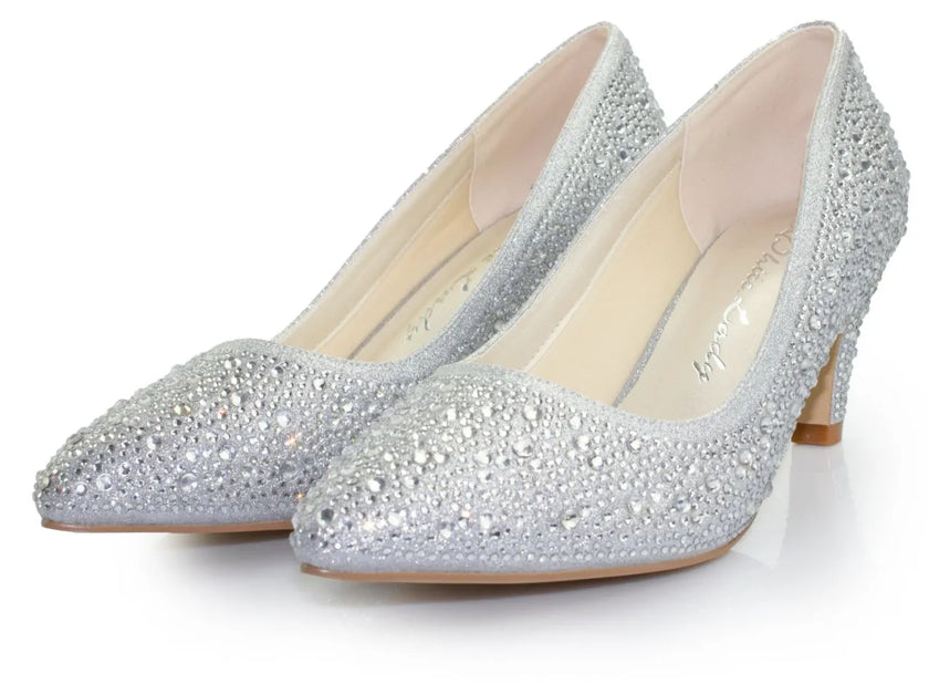 Zapatos de fiesta plateados con tacón de 5.5 cm, detalles de strass y plantilla acolchada para máxima elegancia y confort.