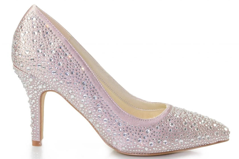 Zapatos de fiesta rosas con tacón de 8 cm y detalles de strass, perfectos para bodas y eventos formales