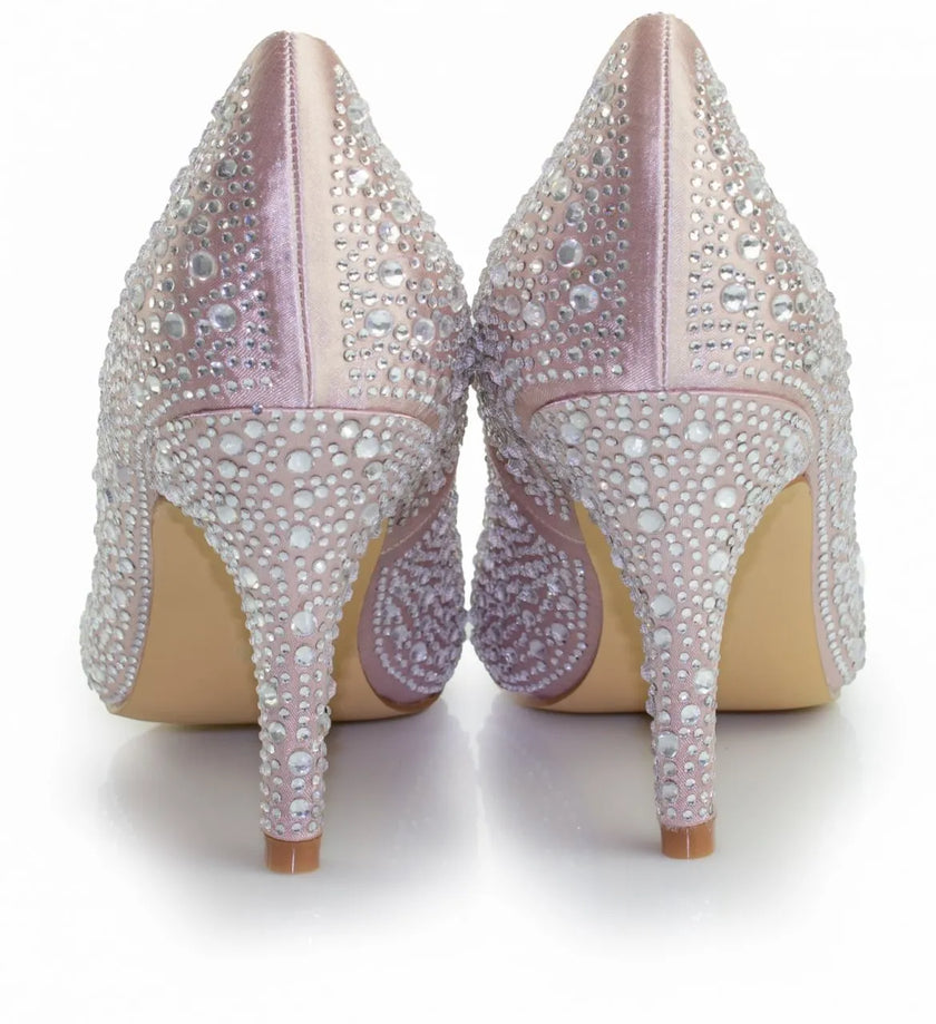 Zapatos de fiesta rosas con tacón de 8 cm y detalles de strass, perfectos para bodas y eventos formales