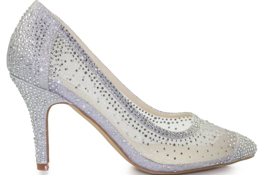 Zapatos de fiesta plateados con tacón de 8 cm, detalles de malla transparente y strass para novias y eventos especiales.