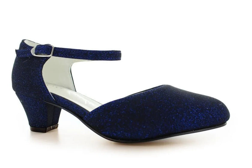 Zapatos de fiesta azul marino con correa ajustable y efecto glitter, tacón ancho para máxima comodidad en eventos