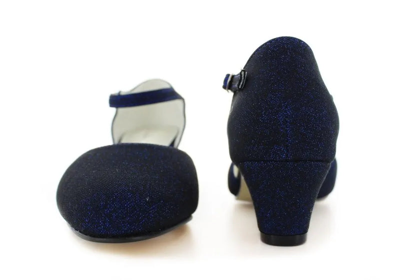 Zapatos de fiesta azul marino con correa ajustable y efecto glitter, tacón ancho para máxima comodidad en eventos