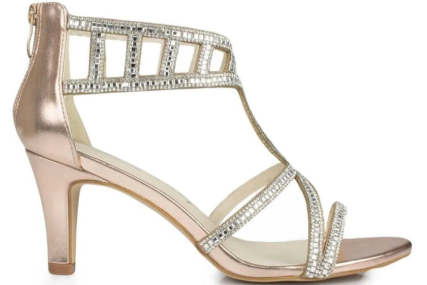 Zapato de fiesta rosa dorado con strass y tacón de 6.5 cm para bodas y eventos formales