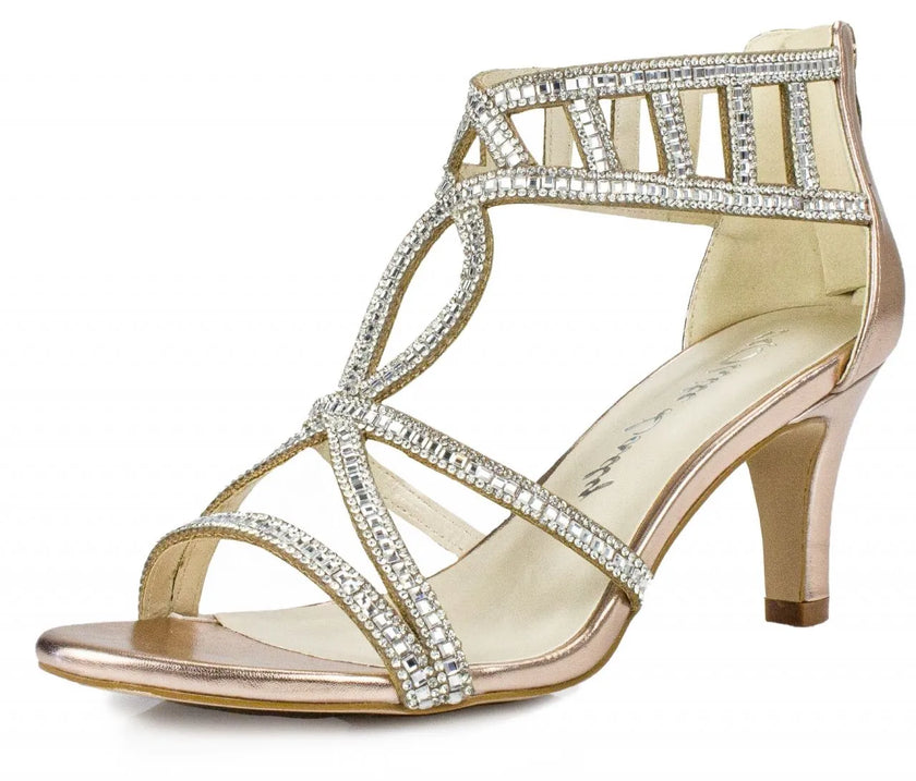 Zapato de fiesta rosa dorado con strass y tacón de 6.5 cm para bodas y eventos formales