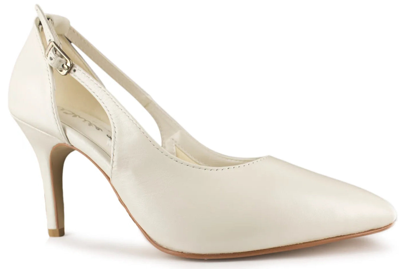 Zapatos de novia Azurita en color marfil con correa ajustable, recortes laterales y tacón de 7 cm, perfectos para bodas y eventos elegantes.