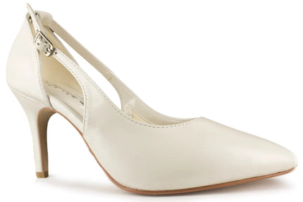 Zapatos de novia Azurita en color marfil con correa ajustable, recortes laterales y tacón de 7 cm, perfectos para bodas y eventos elegantes.