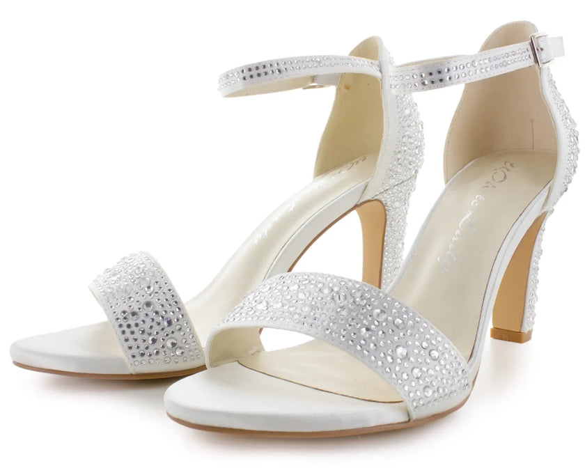 Zapato de novia, Sandalias de novia Diamante con adornos de zirconia, tacón de 8 cm y color ivory, ideales para bodas y eventos elegantes.