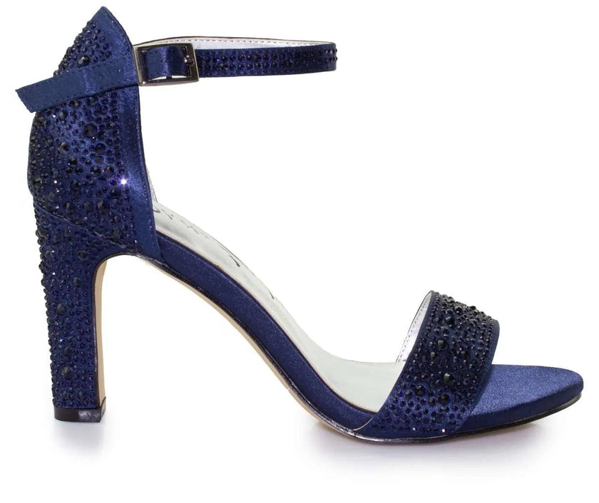 Zapatos de fiesta azul marino con cristales de zirconia y tacón de 8 cm, elegantes y cómodos para eventos nocturnos.