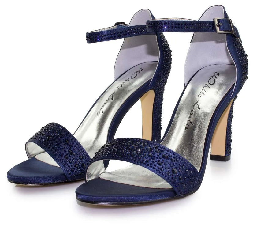 Zapatos de fiesta azul marino con cristales de zirconia y tacón de 8 cm, elegantes y cómodos para eventos nocturnos.