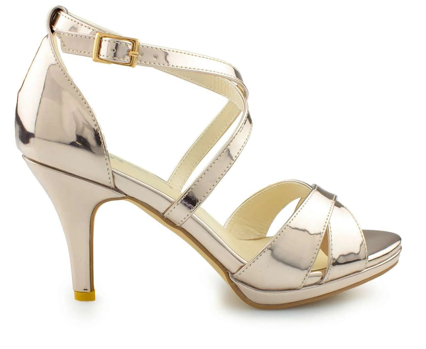 Zapatos de fiesta Flogopita Dorado con tacón de 8 cm, efecto espejo y diseño sofisticado, perfectos para bodas y eventos elegantes.