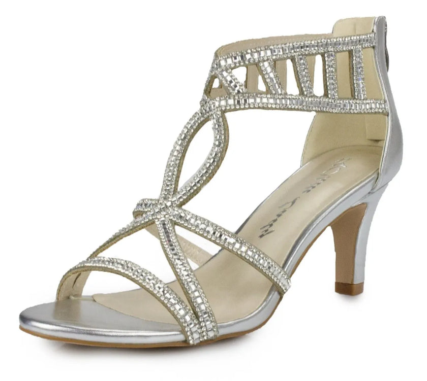 Zapato de fiesta plateadas con cristales y tacón de 6.5 cm, perfectas para bodas y eventos formales