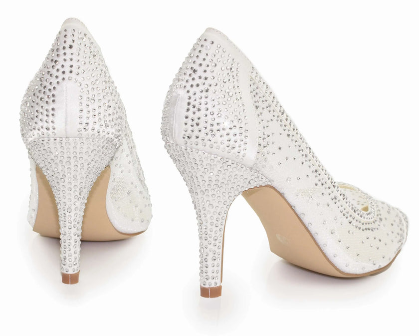 Zapatos de novia Esmeralda con detalles de tejido de malla y zirconia, tacón de 8 cm en color ivory, ideales para bodas y eventos elegantes.